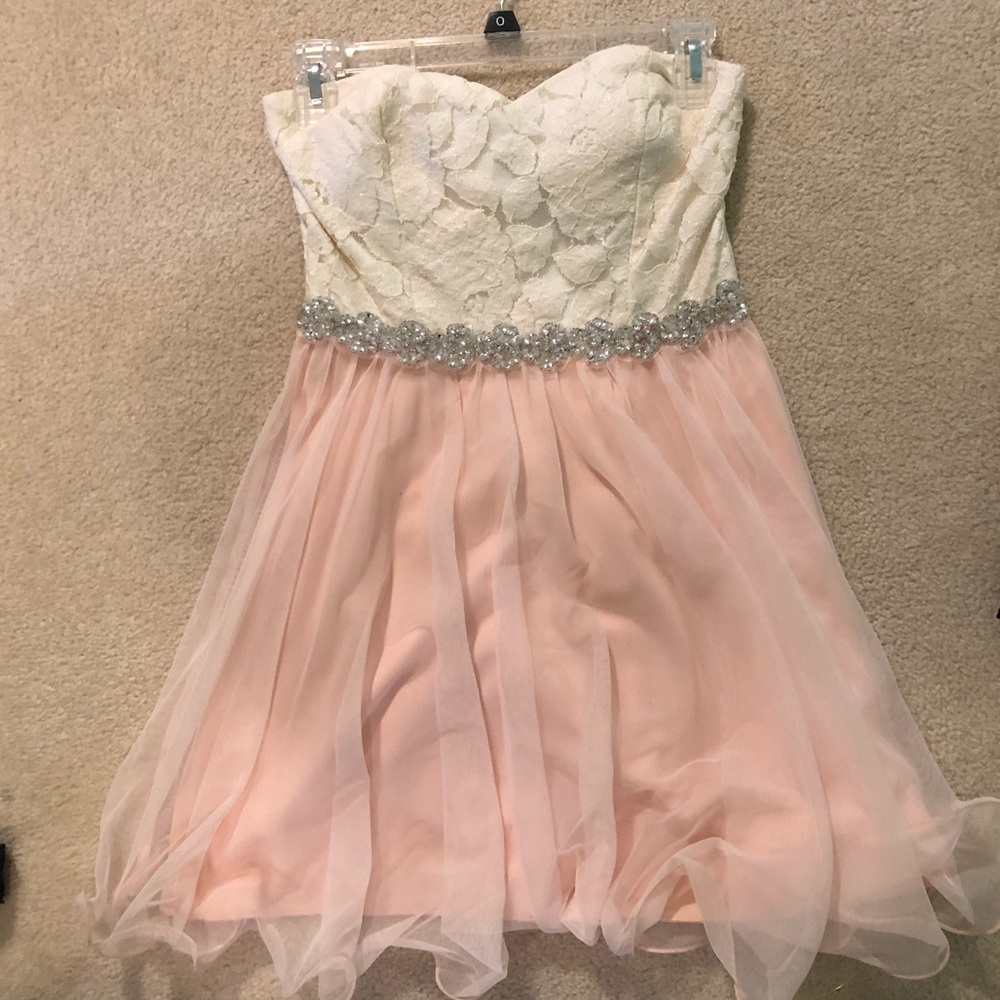 Strapless lace top dress; white top peach bottom